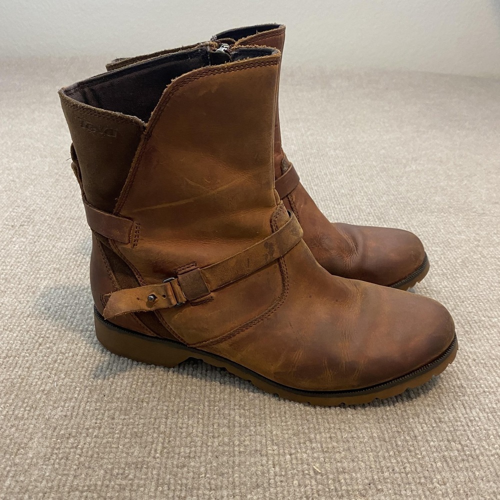 Teva Boots Womens Size 9 Brown Leather Ankle Buckle Zip Casual Low Heel 1003012
